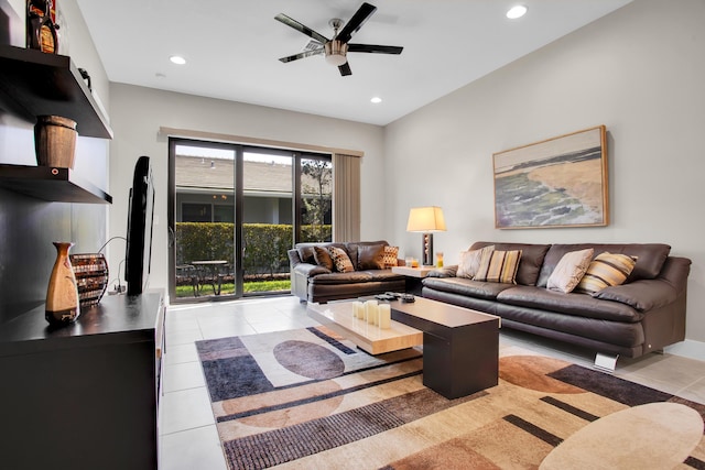 living room featuring light tile patterned floors, a ceiling fan, and recessed lighting