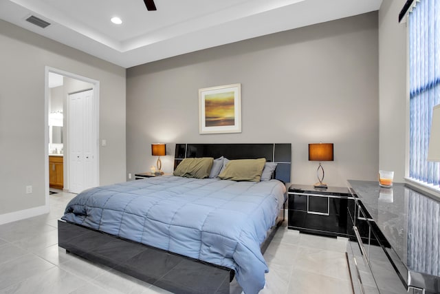 bedroom featuring recessed lighting, visible vents, ensuite bathroom, a ceiling fan, and baseboards