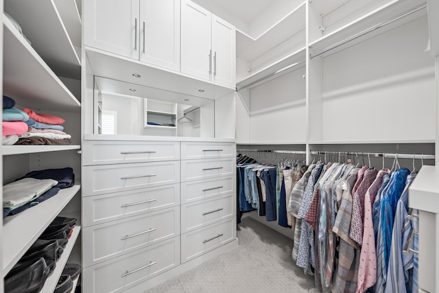 spacious closet featuring light colored carpet