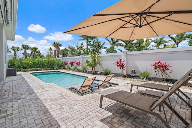 view of swimming pool with a patio area, a fenced in pool, and a fenced backyard