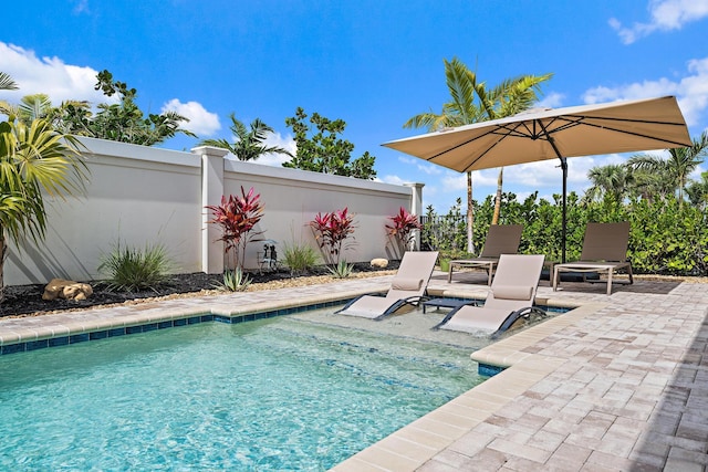 view of pool with fence and a patio area