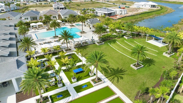 bird's eye view featuring a residential view and a water view