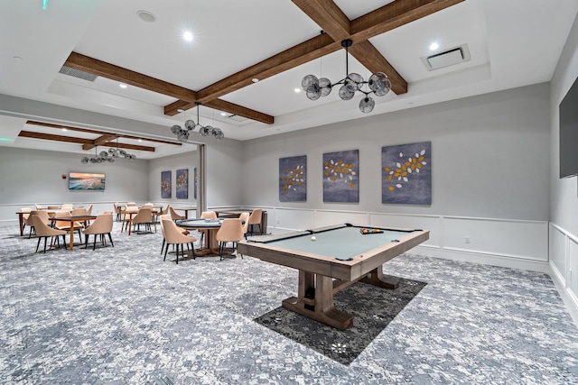 rec room featuring visible vents, beam ceiling, a wainscoted wall, coffered ceiling, and a decorative wall