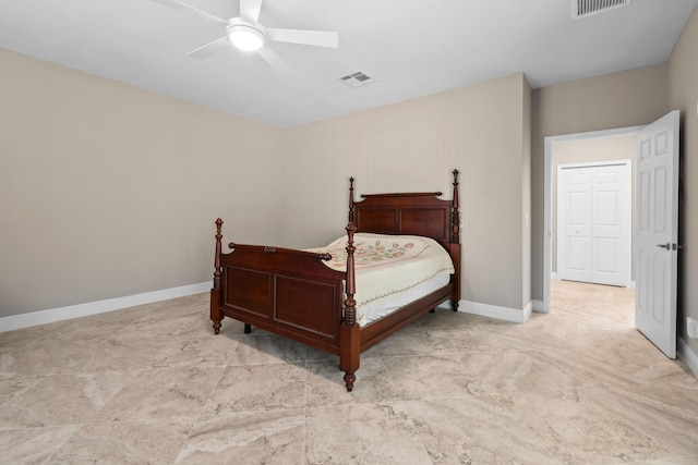 bedroom with baseboards, visible vents, and a ceiling fan