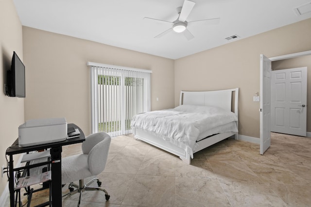 bedroom featuring access to exterior, visible vents, ceiling fan, and baseboards