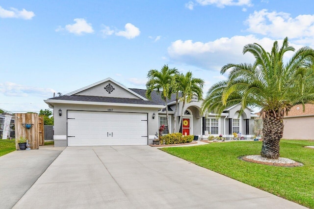 single story home featuring a garage, driveway, a front lawn, and stucco siding