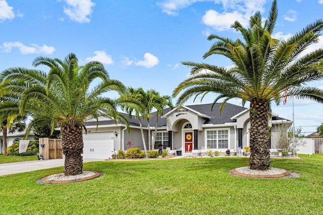 ranch-style house with concrete driveway, an attached garage, fence, and a front yard