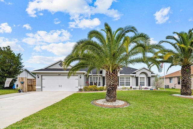 ranch-style house featuring stucco siding, concrete driveway, fence, a garage, and a front lawn