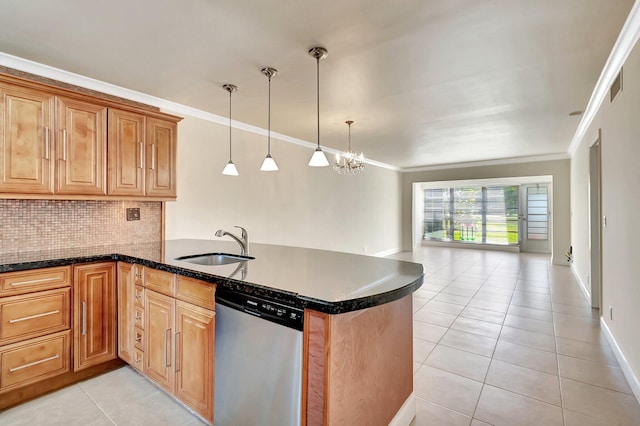 kitchen with a peninsula, a sink, backsplash, dishwasher, and crown molding