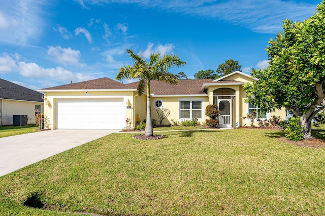 single story home with central AC unit, concrete driveway, stucco siding, an attached garage, and a front yard