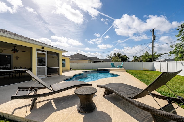 view of pool featuring a patio, a fenced backyard, a ceiling fan, a lawn, and a fenced in pool