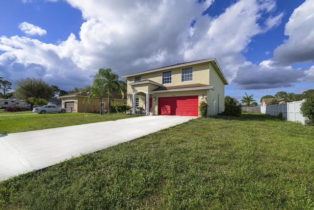 traditional home featuring stucco siding, fence, a garage, driveway, and a front lawn