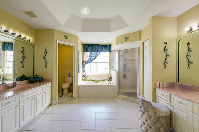 full bathroom with a garden tub, visible vents, toilet, a shower stall, and tile patterned flooring