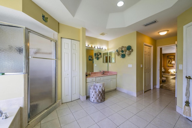 bathroom with a stall shower, visible vents, tile patterned floors, vanity, and a closet