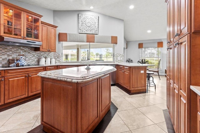 kitchen with black electric cooktop, under cabinet range hood, a peninsula, vaulted ceiling, and a center island