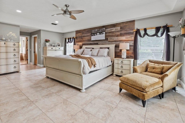 bedroom featuring baseboards, ceiling fan, recessed lighting, and wooden walls