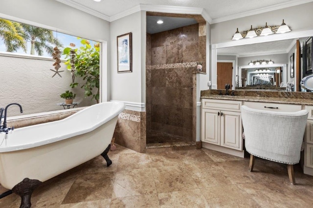 bathroom featuring a walk in shower, a soaking tub, vanity, and crown molding