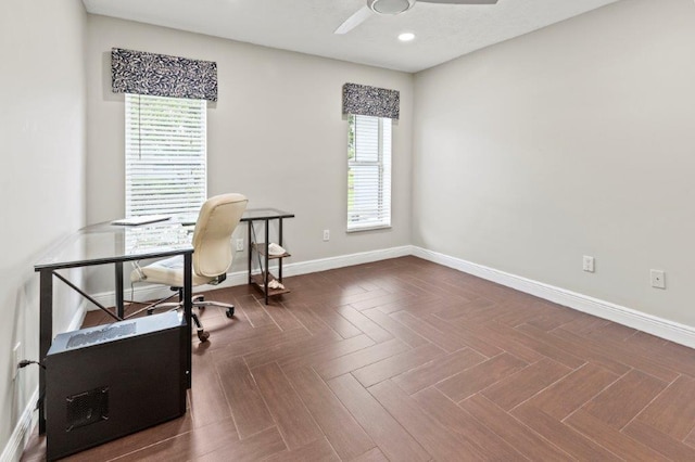 home office featuring recessed lighting, ceiling fan, and baseboards