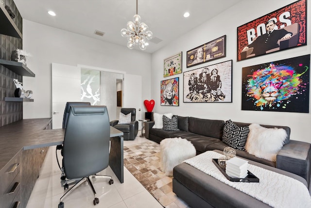 home office featuring tile patterned floors, visible vents, a chandelier, and recessed lighting