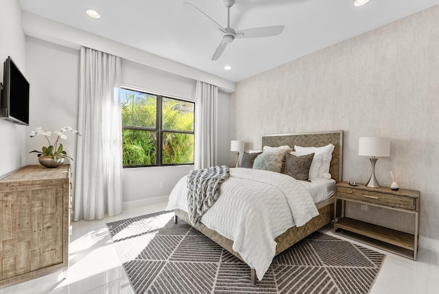 bedroom with a ceiling fan, recessed lighting, baseboards, and wallpapered walls