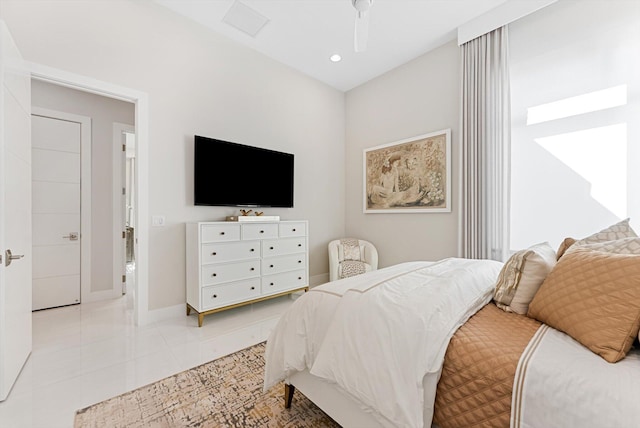 bedroom featuring baseboards, ceiling fan, recessed lighting, and tile patterned floors