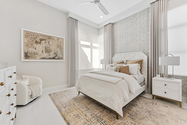 tiled bedroom featuring recessed lighting, ceiling fan, and baseboards