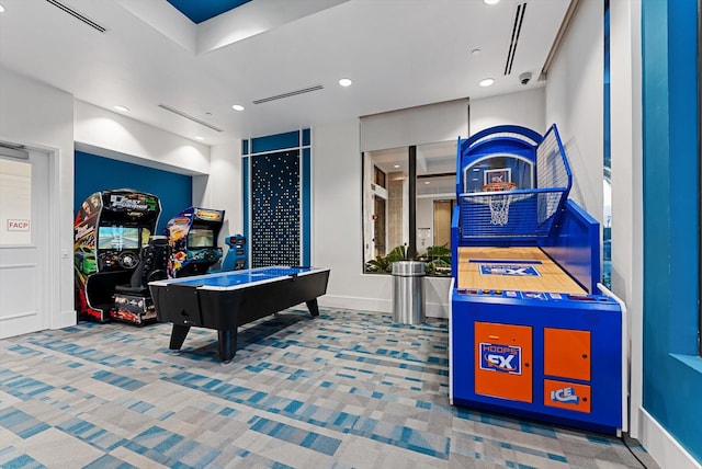 playroom featuring carpet flooring, visible vents, and recessed lighting