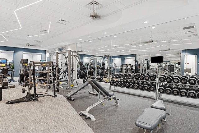 workout area with recessed lighting, visible vents, and ceiling fan