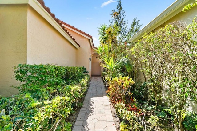 view of side of home with a tiled roof and stucco siding