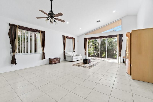 unfurnished living room featuring light tile patterned floors, visible vents, a ceiling fan, vaulted ceiling, and recessed lighting