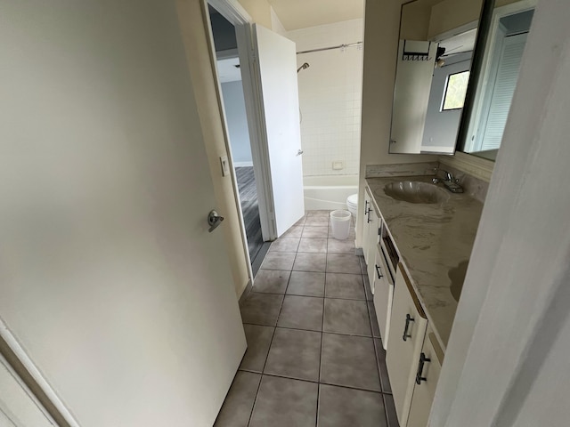 full bath featuring toilet, shower / tub combination, vanity, and tile patterned floors