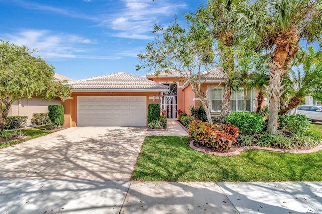 view of front facade featuring a garage, a tile roof, concrete driveway, and stucco siding