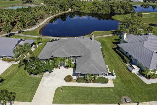 aerial view featuring a water view