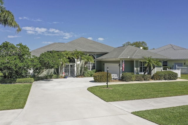 view of front of property with a garage, concrete driveway, and a front yard