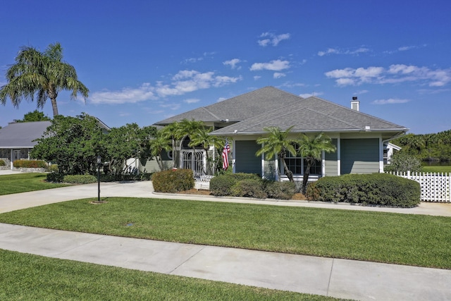 view of front of home with a front lawn, roof with shingles, and fence