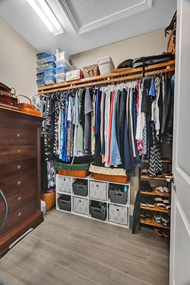 walk in closet featuring wood tiled floor