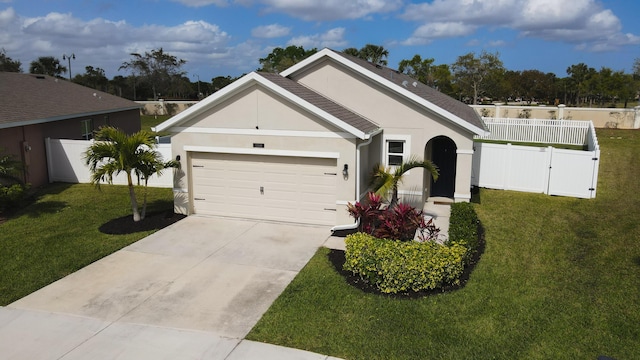 ranch-style house featuring concrete driveway, an attached garage, fence, a front lawn, and stucco siding