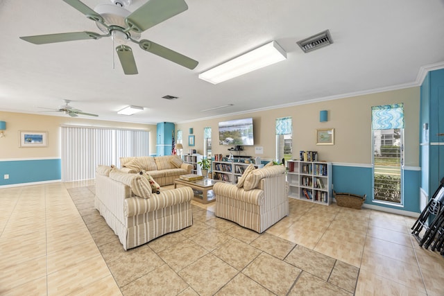 living area with visible vents, crown molding, and light tile patterned floors