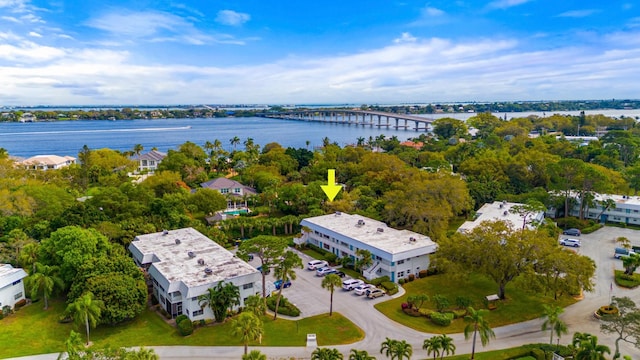 bird's eye view with a water view