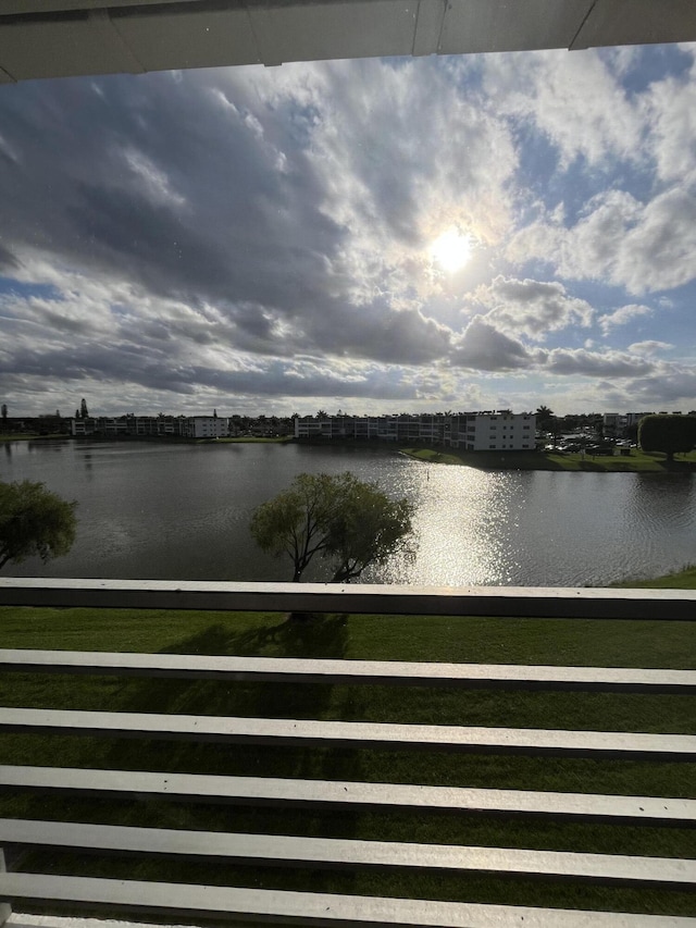 view of water feature with a city view