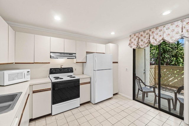 kitchen with crown molding, light countertops, a sink, white appliances, and under cabinet range hood