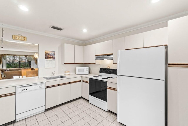 kitchen with under cabinet range hood, white appliances, a sink, visible vents, and light countertops