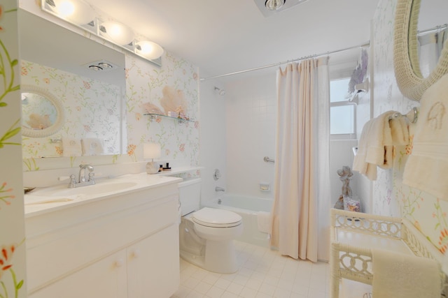 full bathroom with wallpapered walls, shower / bath combo, toilet, tile patterned flooring, and vanity