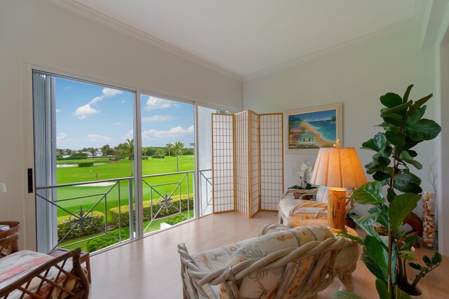 living area with wood finished floors and crown molding