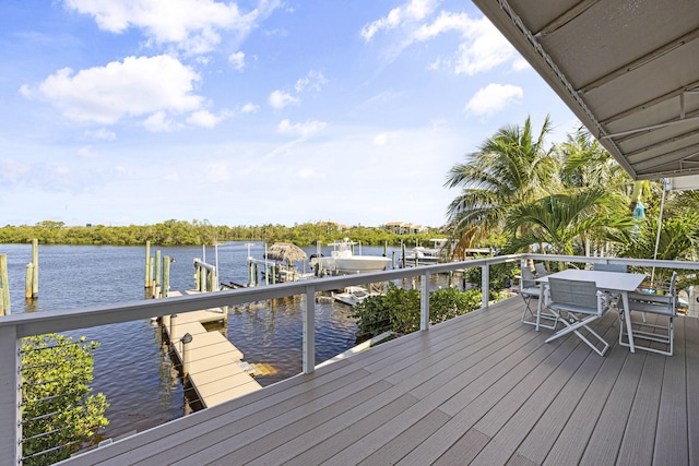 deck featuring a boat dock and a water view