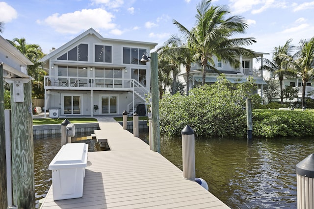 view of dock with stairs and a water view