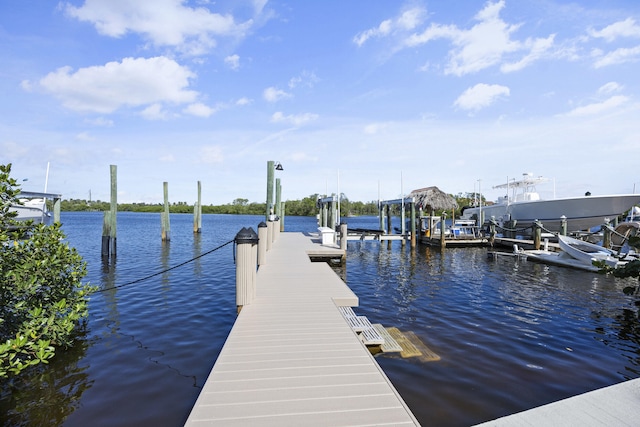 view of dock with a water view and boat lift