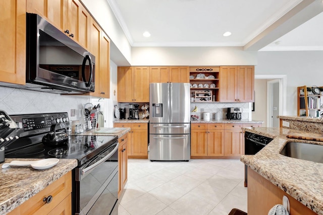 kitchen featuring open shelves, double oven range, light stone counters, stainless steel fridge, and crown molding