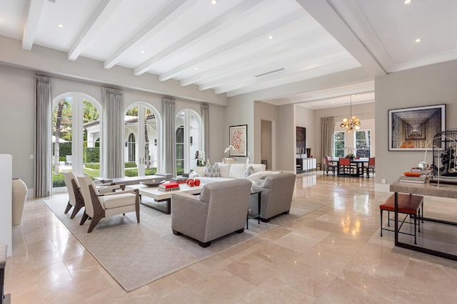 living area featuring recessed lighting, beam ceiling, french doors, and an inviting chandelier