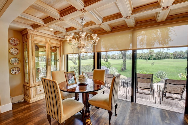 dining room featuring dark wood-style floors, coffered ceiling, and a notable chandelier